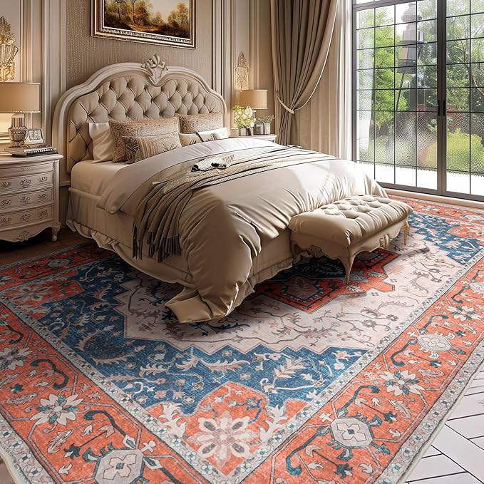 Lessymo 5x7 Area Rugs for Living Room- Machine Washable Area Rugs, Super Soft Faux-Wool Boho Bedroom Area Rug Vintage Floral Medallion Non-Slip Low Pile, Kid & Pet Friendly, Tangerine Blue