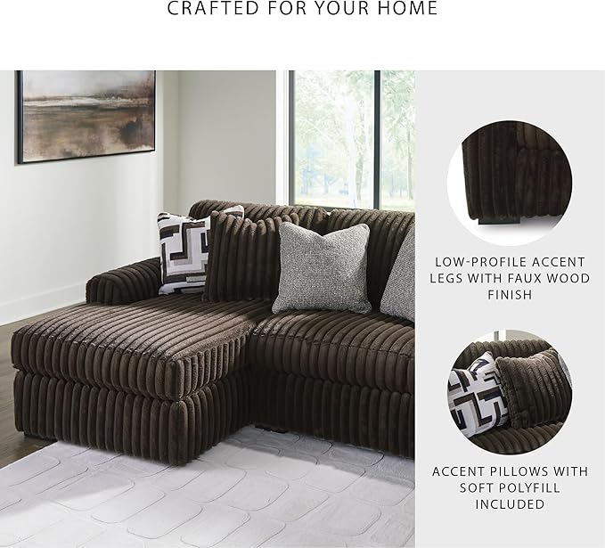 Signature Design by Ashley Midnight-Madness Casual 2-Piece Sectional Sofa with Chaise and Reversible Seat Cushion, Accent Pillows Included, Soft Jumbo Corduroy, 92" W x 41" D x 40" H, Dark Brown