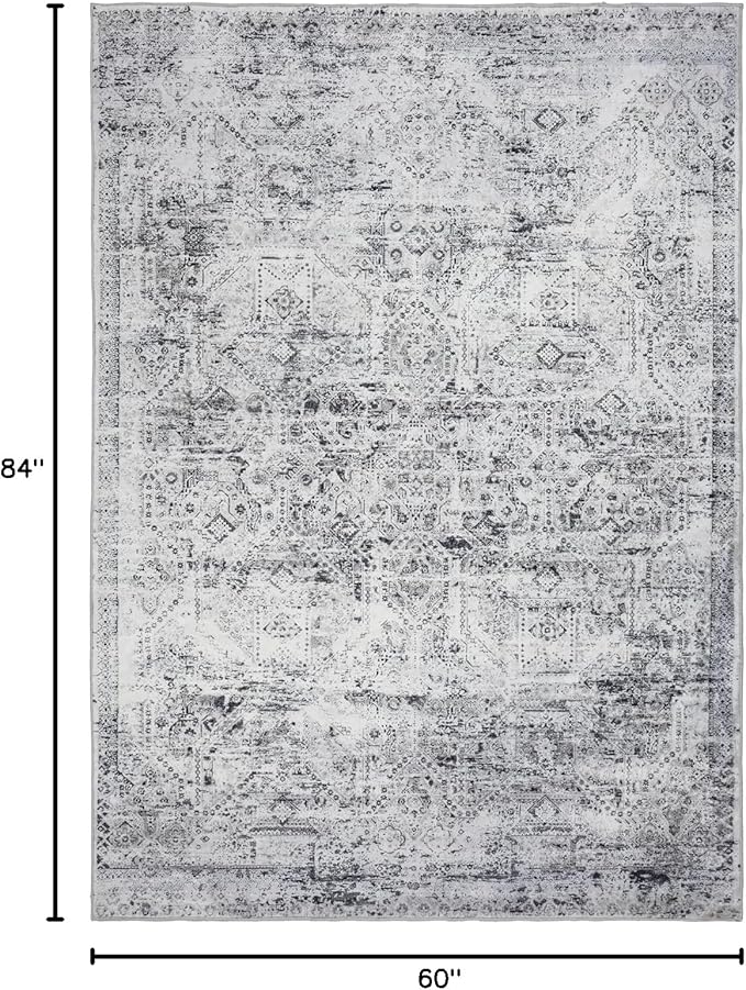 Area Rug 5횞7, Vintage Boho Rug,Ultra-Soft Low Pile, Washable, Non Slip,Stain Resistant Printed Carpet for Living Room Bedrooms Playroom Office Kitchen, Classic Grey.