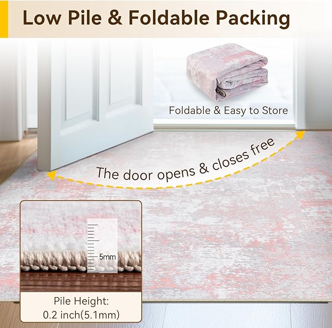 Washable Area Rugs 8ft Non-Slip Modern Abstract Soft for Living Room Entryway Bedroom Nursery, Print Pattern, Grey Pink