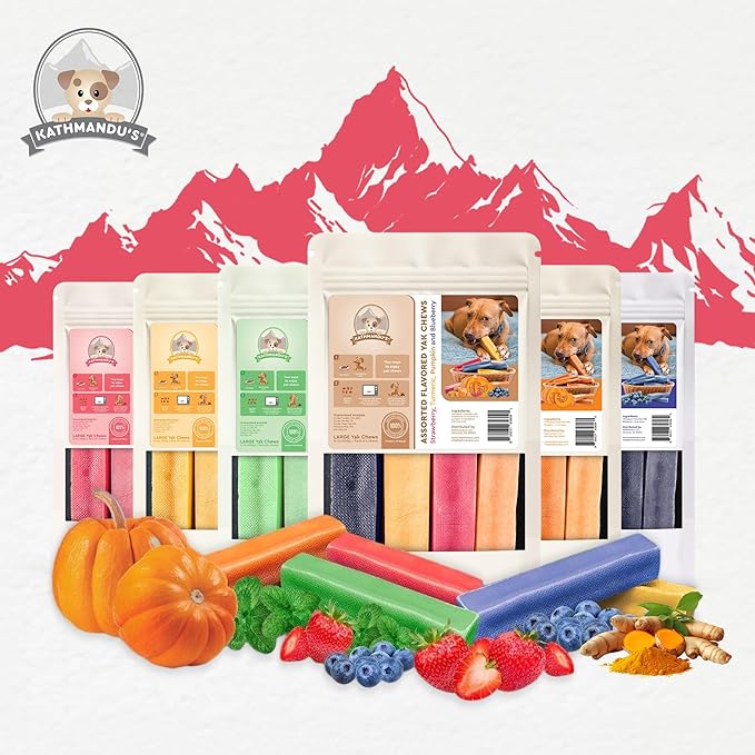 KATHMANDU'S 100% Natural Strawberry Flavored Yak Chews – Keep Dogs Busy & Happy with our Lactose&Rawhide Free Himalayan Dog Chews - Long Lasting Dental Treats for Aggressive Chewers (Large, Pack of 4)