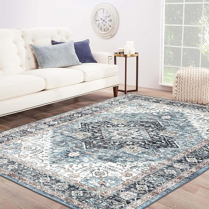 Area Rug 6횞9, Large Vintage Boho Rug,Ultra-Soft Low Pile, Washable, Non Slip,Stain Resistant, Printed Carpet for Living Room Bedrooms Playroom Office Kitchen, Blue/Navy
