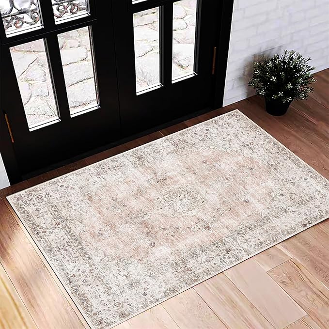 Washable Area Rug 2'x3' Door Mat Vintage Distressed Doormat Indoor Entrance Traditional Thin Rug Floral Print Non Slip Carpet for Kitchen Bathroom Bedroom Living Room