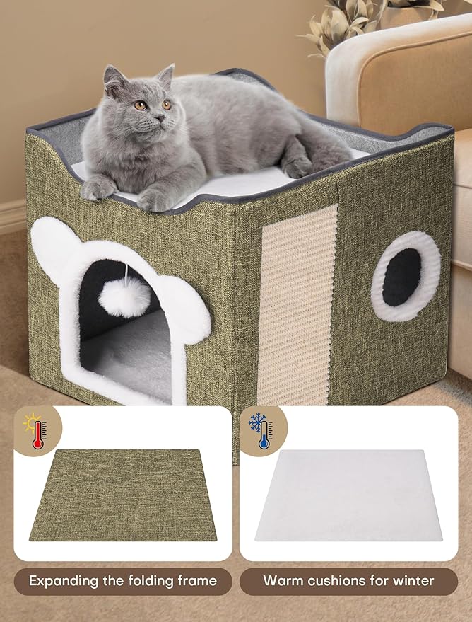 Cat Houses for Indoor Cats, Large Cat Cave with Fluffy Ball and Scratch Pad, Covered Cat Bed House, Foldable Cat Hideaway (Beige)