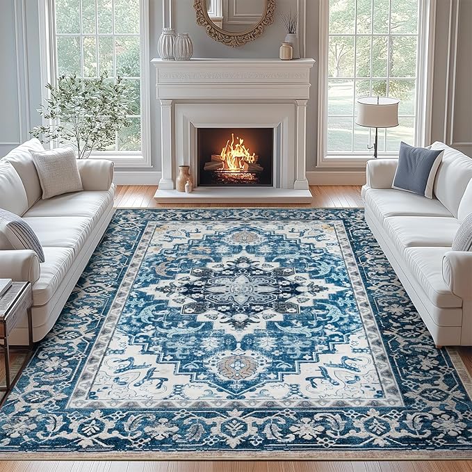 Lofus 8x10 Area Rugs for Living Room, Washable Area Rug, Rugs for Bedroom, Kitchen, Vintage Boho Carpet, Soft Non-Slip, Low Pile Large Area Rug for Office Dining Room, Floral Light Blue