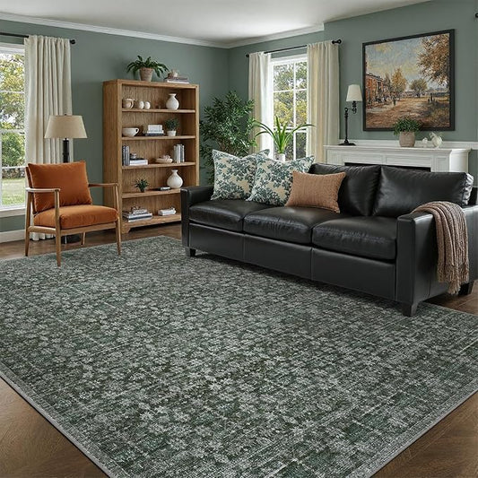 DCX 5x7 Neutral Rug, Kid & Pet Friendly with Rubber Back Non Slip, Machine Washable Stain Resistant Dark Blue and Green Floral Rug for Living Room, Bedroom, Soft Low Pile Large Nursery Carpet