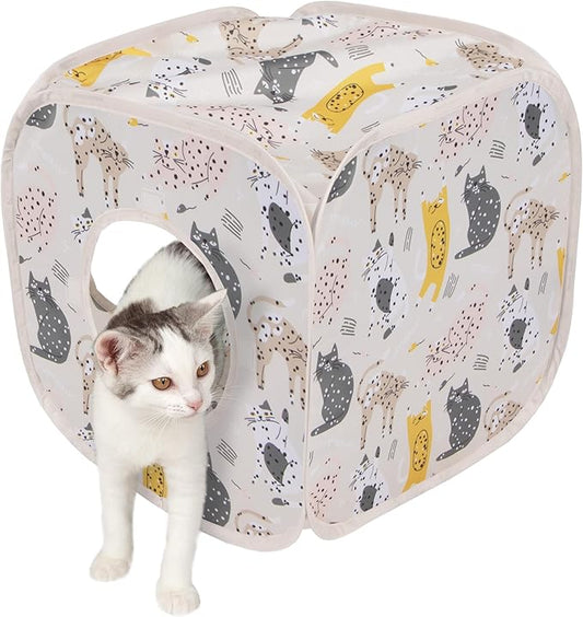 Kitty City Cat Print Pop-Up Cat Play Cube, Collapsible Indoor Cat Hideout with Peekaboo Openings, Lightweight Foldable Cat Cube for Play & Lounging, Pink