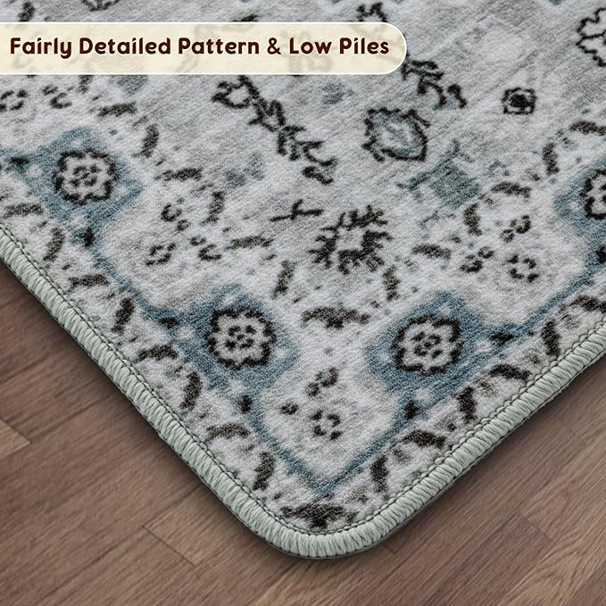 LBRO2M Boho 4X6 Rug Washable Rugs for Bedroom Non Slip Indoor Carpet, Soft Low Piles Rug Foldable Rugs for Living Room Pet Friendly Area Rugs Stain Resistant (4'X6' Dusty Blue)