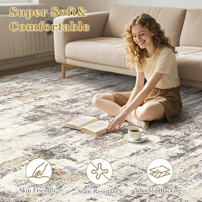 Area Rugs for Living Room: 5x8 Abstract Washable Rug Modern Neutral Large Soft Stain Resistant Non-Slip Backing Machine Table for Bedroom Dining Room Indoor Home Office Carpet - Gold Brown