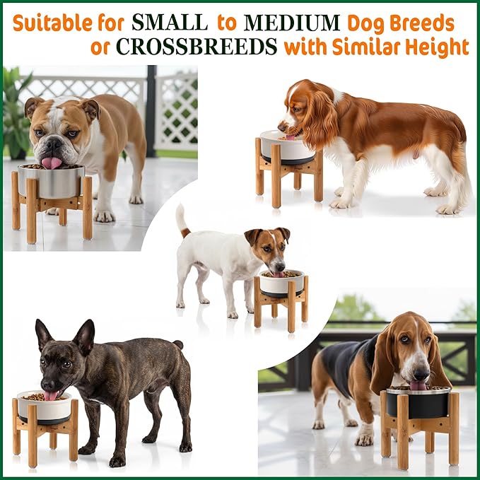 Dog Bowl Stand - Raise, Elevate Bowls to 9-inch High - Adjustable, Fits 6 up to 8-inch Medium Dog Food/Water Feeders, Dishes and Fountains - Durable Bamboo