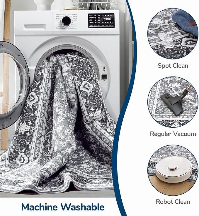Lessymo 3 x 5 Area Rugs for Living Room- Machine Washable Area Rugs Boho Faux Wool Low Pile Area Rug for Bedroom Floral Medallion Vintage Rugs with Non-Slip Rubber, Kid & Pet Friendly,Grey White