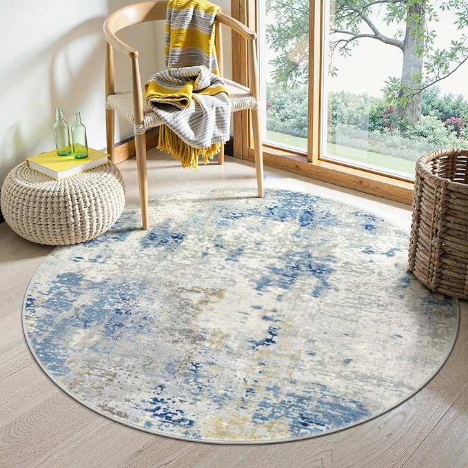 Lahome Modern Abstract Round Rug 4Ft, Blue Washable Front Door Mat Soft 4x4 Circle Rug for Entryway Bedroom Non Slip, Contemporary Indoor Floor Carpet for Living Room Sofa Bedroom Nursery Decor