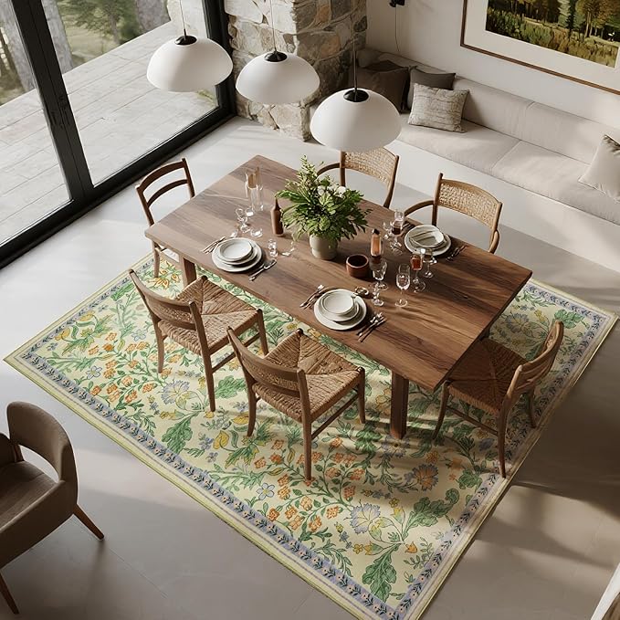 Floral Area Rug for Living Room: 5x7 Washable Soft Low Pile Thin Indoor Carpet, Non Slip Stain Resistant Vintage Flower Boho Accent Rugs for Bedroom, Dining, Home Office, Nursery - Ivory/Yellow