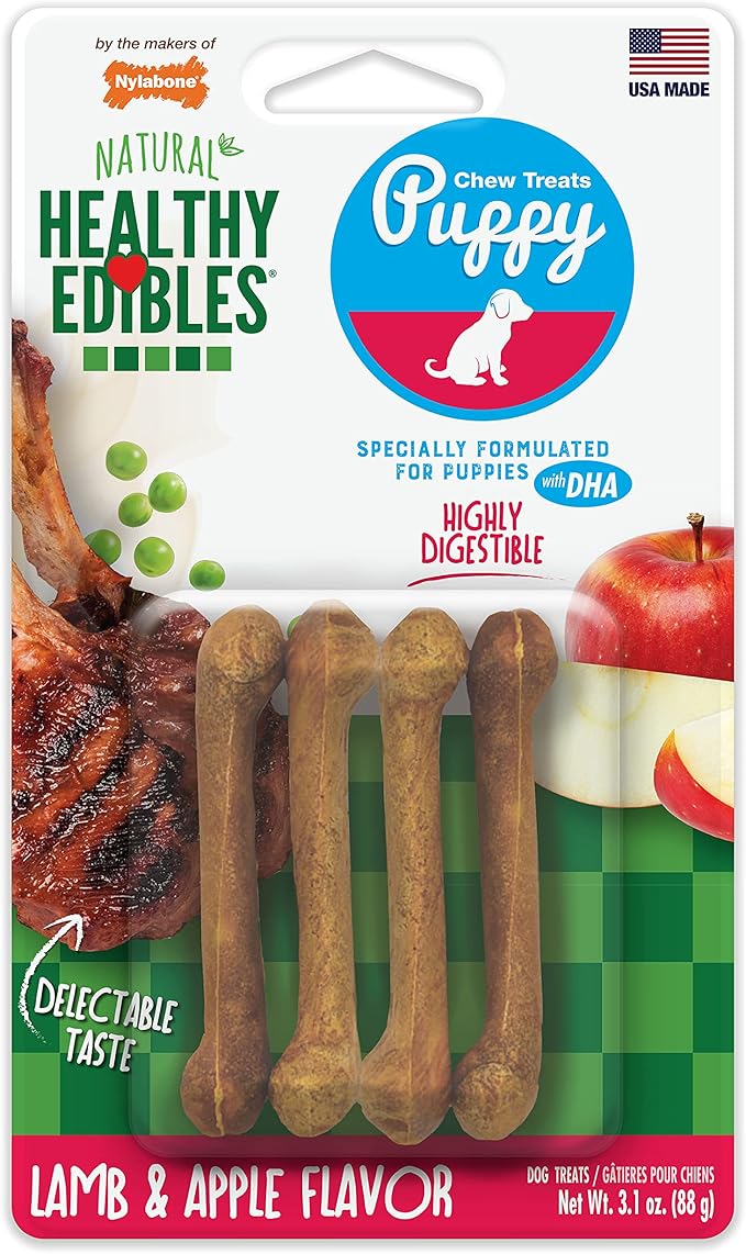 Nylabone Healthy Edibles Natural Puppy Chews Long Lasting Treats for Puppies, Lamb & Apple Flavor, X-Small/Petite (4 Count)