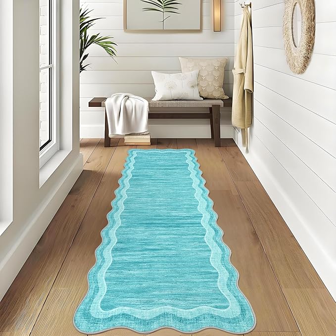 GarveeHome Washable Scalloped Rug Runner 2x6 Ultra-Soft Low Pile Hallway Rug, Non-Slip Non-Shedding Modern Carpet Runner, Washable Solid Indoor Easy Cleaning Mats for Laundry, Bedroom, Teal