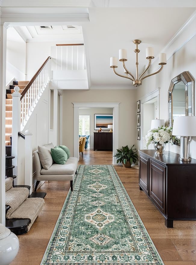 Lahome Oriental Hallway Runner Rug, 2.5x8 Kitchen Runner Non Slip Ultra-Thin, Soft Washable Hallway Rug Non Shedding Long Carpet for Entryway ?랰aundry Room Bathroom, Green/Multi