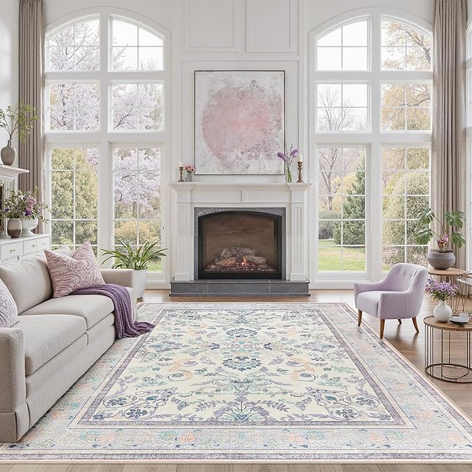 DCX Floral Area Rugs 9x12 Living Room, Soft Anti-Skid Machine Washable Purple Area Rugs Stain Resistant Neutral Boho Carpet for Bedroom Large Low Pile Lightweight Room Rug