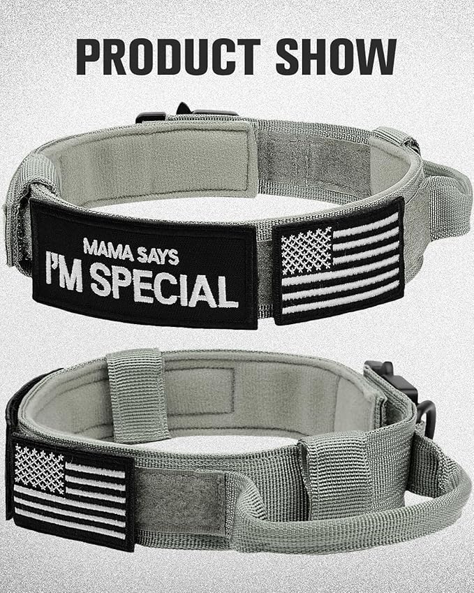 Joytale Tactical Dog Collar with Handle, Adjustable Heavy Duty Military Collar with 2 Patches for Training, Suitable for Medium Dogs, Gray, M