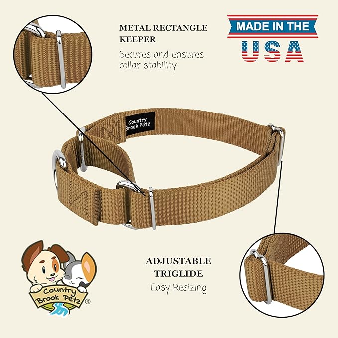 Country Brook Petz - Martingale Dog Collar - Heavy-Duty Training Collar with No Buckle - Service Dog Collar for All Pups - 10+ Warm Colors (Coyote Tan, 3/8 Inch, 2XS)