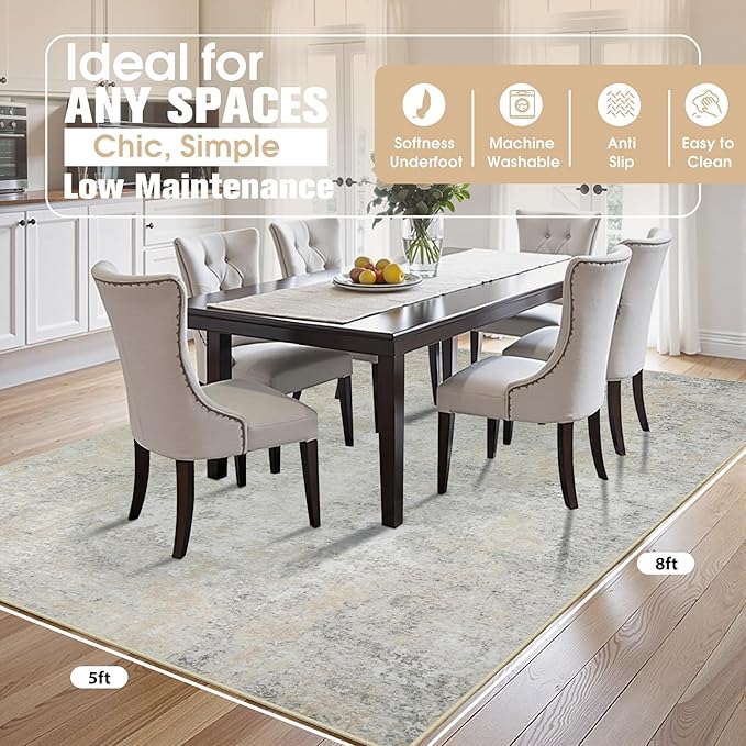 5x8 Area Rugs for Living Room Rug Washable: Abstract Rug for Dining Room Bedroom Carpet Non Slip 5 by 8 Indoor Modern Nursery Home Office Beige Grey