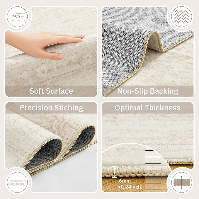 8x10 Area Rugs for Living Room, Washable Vintage Floral Non-Slip Low Pile Natural Rug Soft Throw Large Carpet for Dining Room Bedroom Home Office (Beige/Cream, 8'x10')