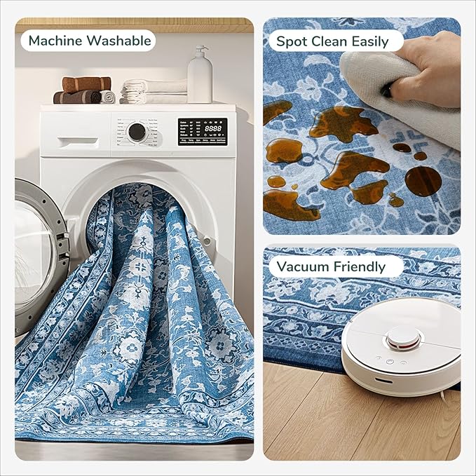 Lessymo 8x10 Area Rugs for Living Room, Machine Washable Non Slip Large Rug, Soft Low Pile Carpet for Bedroom Dining Office, Vintage Blue/White Distressed Floral Floor Decor