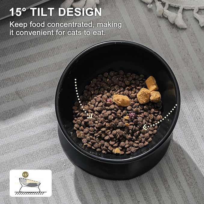 YauYik Cat Bowls Anti Vomiting, Raised Cat Food Bowls, Tilted Elevated Cat Bowl, 10 Oz Ceramic Pet Food Bowl for Flat Faced & Short Leg Cats, Small Dogs, Dishwasher Safe (Black, 2 Pack)