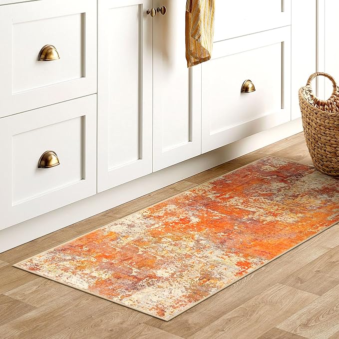 Lahome Modern Abstract Runner Rug - 2x4.3 Washable Kitchen Soft Laundry Room Rugs Bathroom Mat, Contemporary Non Slip Indoor Throw for Entryway Living Room, Yellow/Gold/Cream 2' x 4.3'