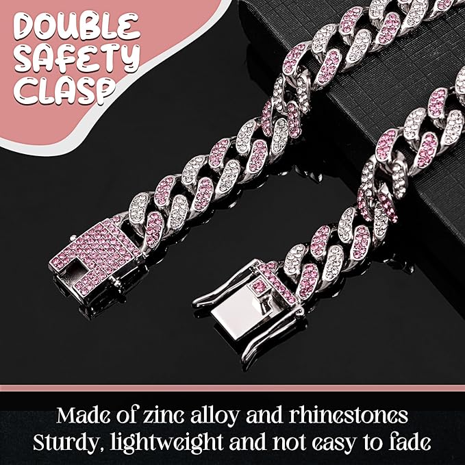 LEIFIDE Dog Chain Collar Diamond Link Puppy Collar 12 mm Wide Dog Necklace Metal Cat Chain Pet Crystal Necklace Jewelry Accessories for Small Medium Large Pet(8 Inch,Silver, Pink White)