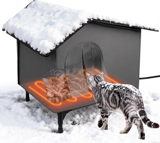 Weatherproof Heated Cat House - Outdoor Cat House with Heating Pad Bed,Insulated Cat House Elevated Outdoor Feral Cats Shelter with Soft Mat for Outside/Indoor Cats (Heat Gray)