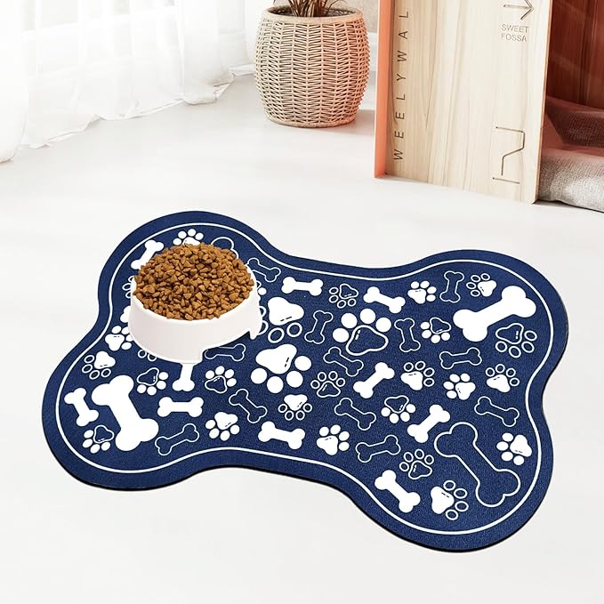 Dog & Cat Food Mat Bone Shaped Pet Feeding Mat Quick Absorb Water Bowl Placemat with Rubber Backing Indoor Floor Stain Resistant Pet Accessory Supplies (Blue, 12x18 Inches)