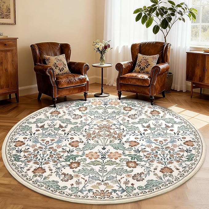 Floral Area Rug for Living Room: 6x6 Round Washable Soft Low Pile Thin Indoor Carpet, Non Slip Stain Resistant Vintage Flower Boho Accent Large Rugs for Bedroom, Dining, Home Office, Nursery - Beige