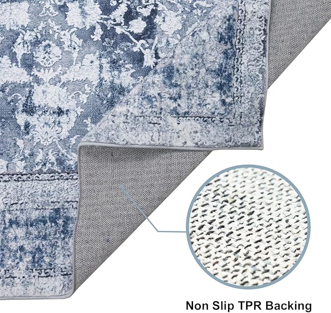Area Rug 6횞9, Large Vintage Boho Rug,Ultra-Soft Low Pile, Washable, Non Slip,Stain Resistant, Printed Carpet for Living Room Bedrooms Playroom Office Kitchen, Solid/Blue