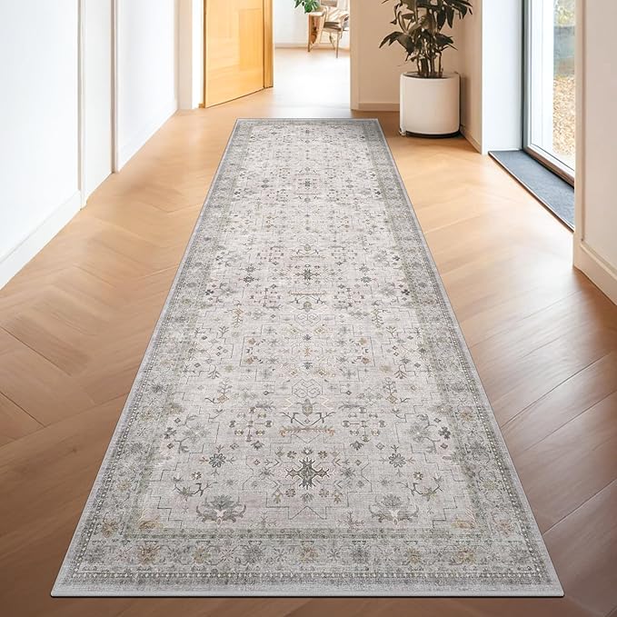 Floral 3x8 Wide Hallway Runner - Light Gray with Taupe Accent, Boho Eclectic Decor, Washable Low Pile Non Slip Stain Resistant Rug for Long Kitchen, Large Bathroom, Hall Way