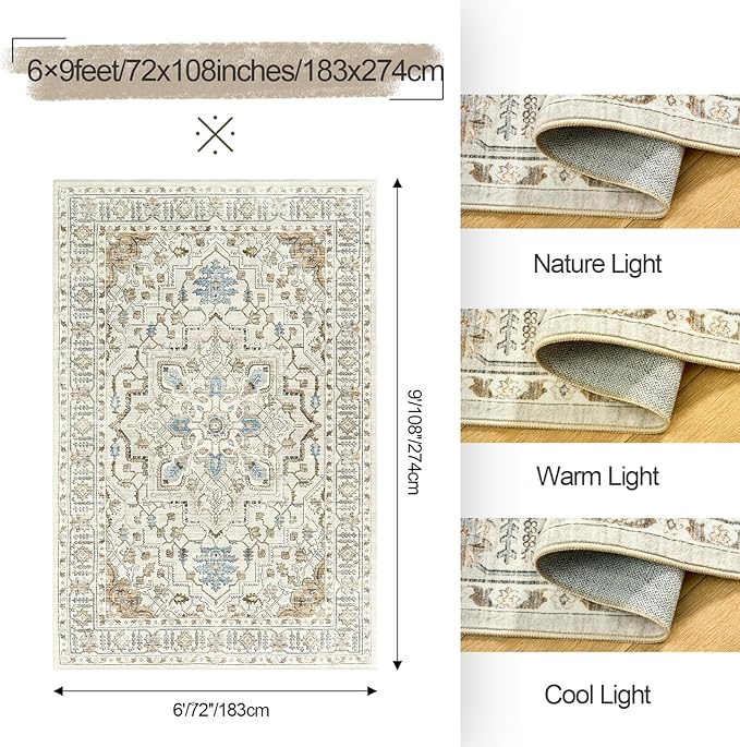 6x9 Area Rug for Living Rooms, Stain Resistant Neutral Washable Rugs for Dining Rooms, Floral Vintage Non-Slip Thin Large Size Area Rugs(Beige)