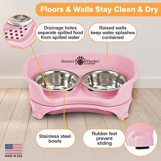 Neater Feeder Express Mess Proof Cat Bowls Elevated, No Spill Feeding Station, Stainless Steel Dishes for Food and Water, Raised Bowls for Indoor Cats, No Fatigue Whisker Friendly Dish, Pink