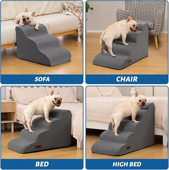Dog Steps for Bed, 4-Step Dog Stairs Ramp for Small Dogs and Cats, Indoor Non-Slip Pet Stairs Suitable for Older, Short-Legged, and Puppy Dogs to Climb onto High Beds and Couch, 17.4" H,Grey