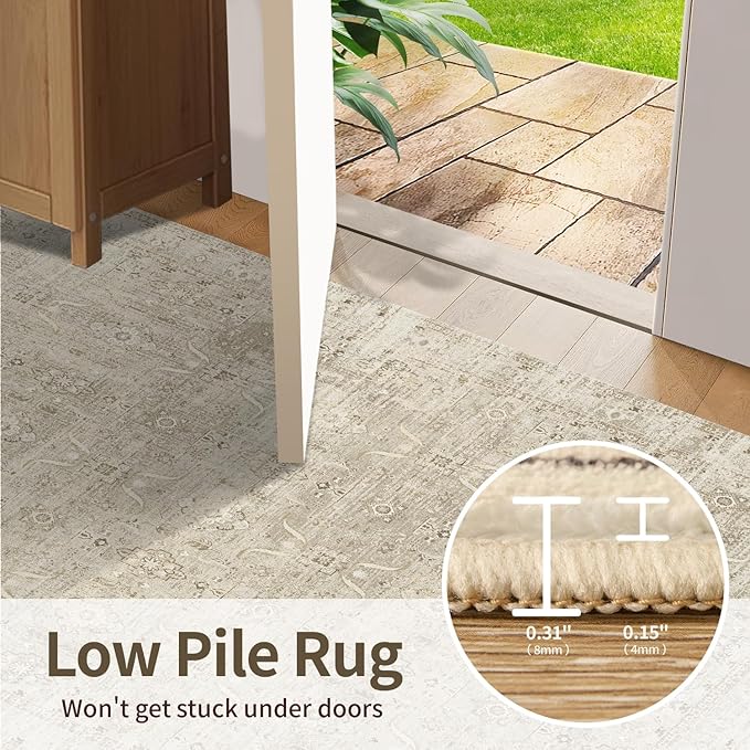 8x10 Area Rugs for Living Room Bedroom, Beige Large Washable Neutral Rug, Vintage Floral Retro Boho Non Slip & Low Pile Carpet for Indoor Dining Room, Classroom, Dorm, Nursery and Kids Room