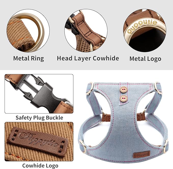 Dog Harness, No Pull Dogs Harness and Multi-Function Leash Set for Medium Dogs Easy Walk Everyday Adjustable Soft Dog Vest Harness Fashionable Dog Accessories Grey Blue-Button-M(16lb-35lb)