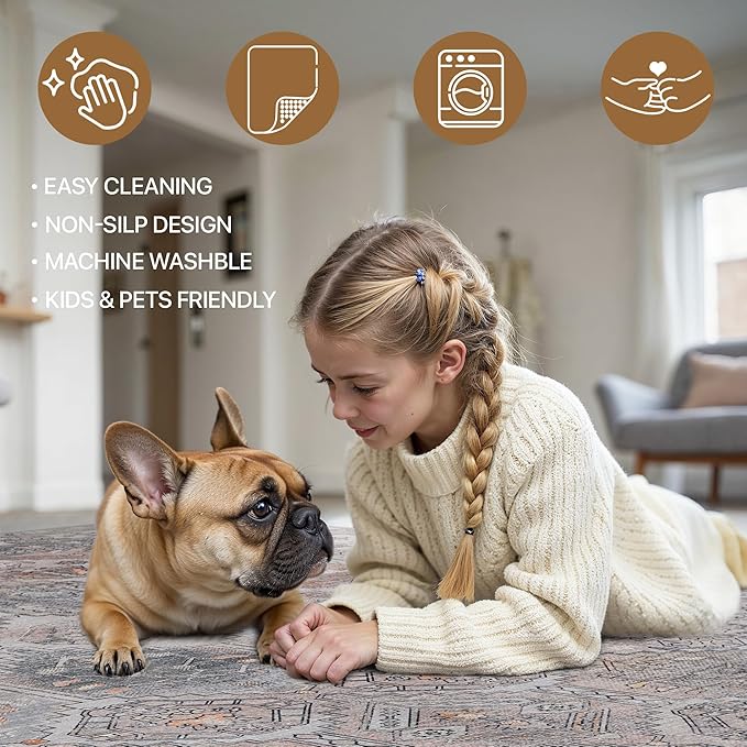 Bavni Kitchen Rug 2x7 Runner Rugs for Hallways Entryway, Washable Vintage Print Carpet, Ultra-Thin Chenille Low Pile Lightweight Rug with Non Slip Backing, Retro Grey