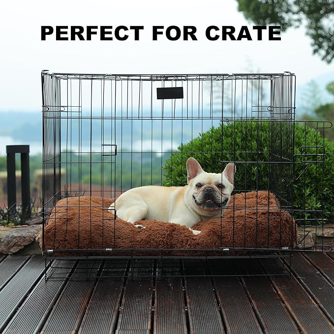 Bedfolks Plush Waterproof Dog Crate Bed, Pad with Removable Cover, Faux Fur, Washable Kennel Bed 29"x21", Solid Brown