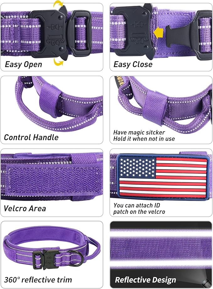AUBELL Reflective Tactical Dog Collar,Adjustable Military Heavy Duty K9 Collars with Handle and Quick Release Metal Buckle Great for Medium Dogs, with Airtag Case and 2 Patches (Purple,M)