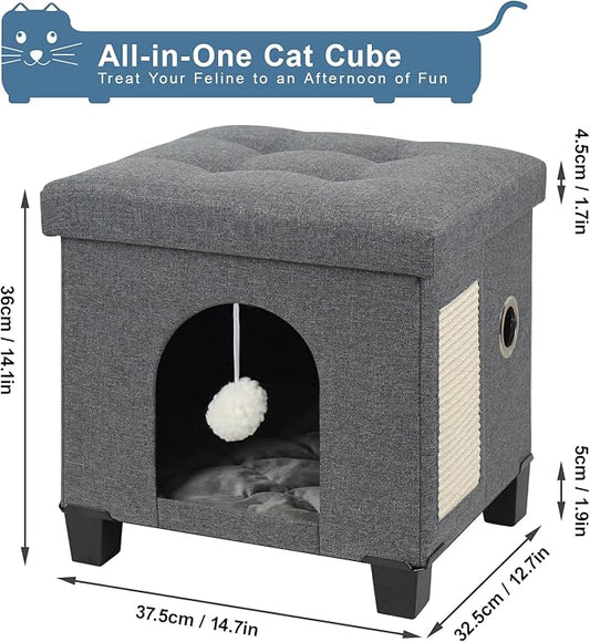 BRIAN & DANY Foldable Cat House, Cat Cave, Cat Cube with Scratch Board & Ball, 37.5 x 32.5 x 36 cm, Gray