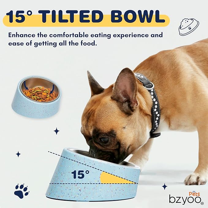 Bzyoo 2 Cup Tilted Dog Bowl for Small Dogs & Cats, Stylish Sprinkle Design, Elevated, Stainless Steel 16oz Inner Bowl, Non-Skid, Reduce Spillage, BPA-Free, Dishwasher Safe Color:Blue