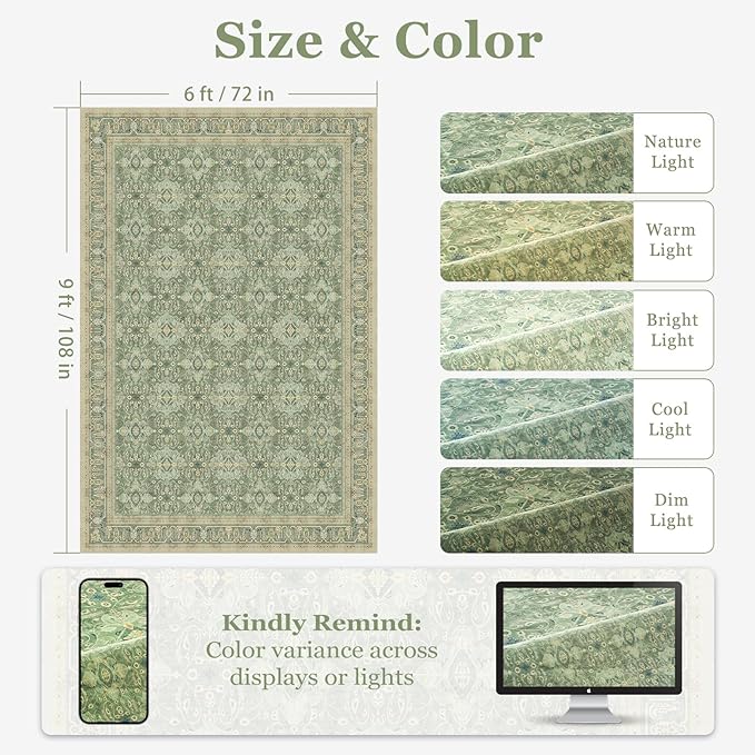 Boho Sage Green 6x9 Area Rug, Non Slip Washable Rugs for Living Room Bedroom Low Pile Thin, Floral Moroccan Pattern Printed Carpet Rug for Dining Room Home Office Nursery Playroom