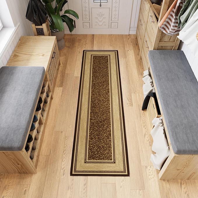 Ottomanson Hallway Runner Rug 1'10" x 6' Non Slip Border Area Rugs Easy to Clean Laundry Rug Runner Durable & Pet Friendly Floor Carpet Runners for Hallways Entryway Living Room Kitchen, Brown