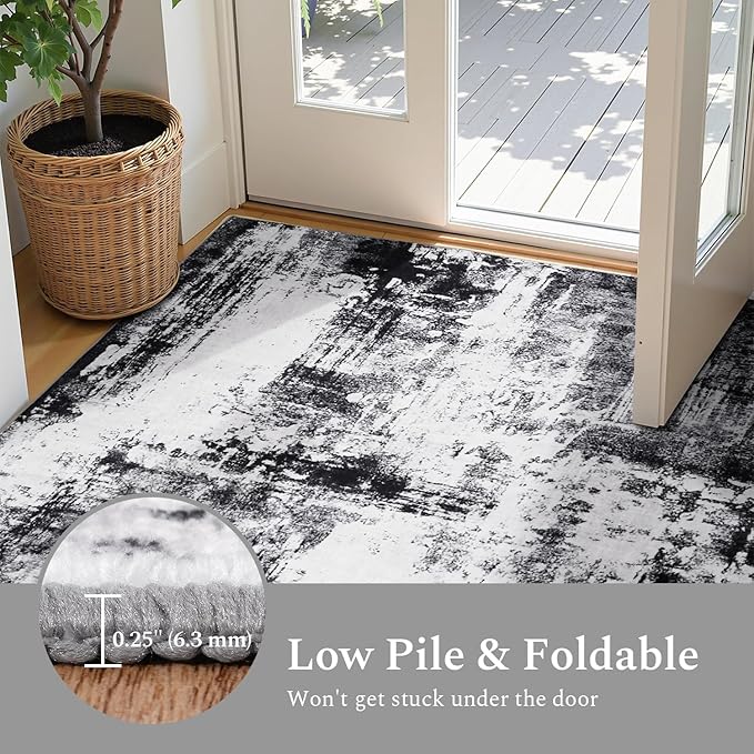 Rugflix 6x9 Area Rugs for Living Room, Washable Large Rug Stain-Resistant Low Pile, Modern Dark Carpet for Dining Room Home Office Kid Room Nursery Bedroom, Black Grey