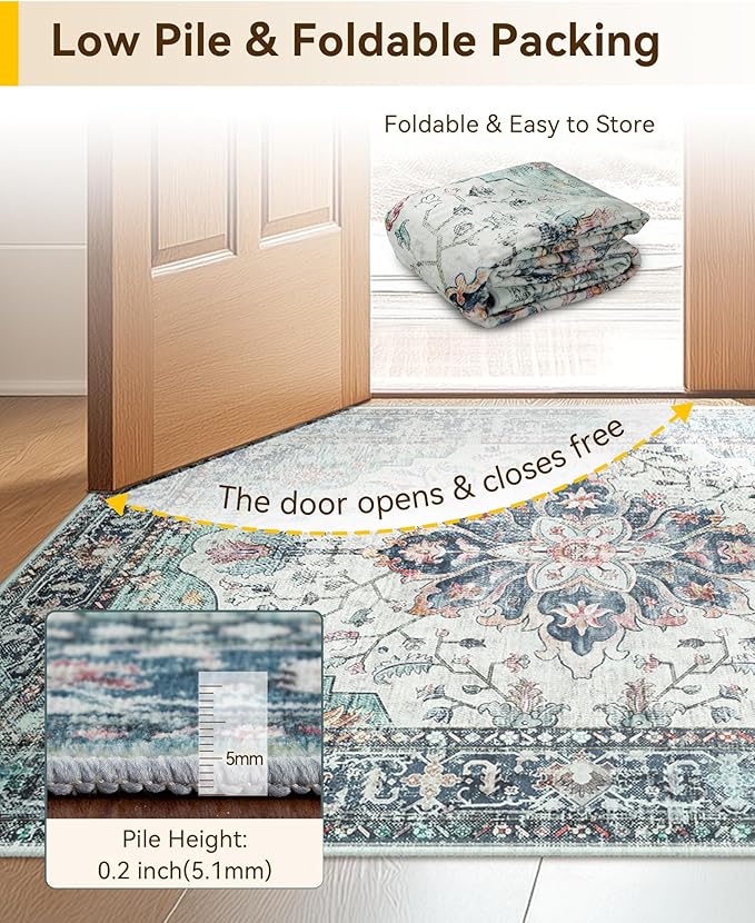 Area Rugs 7'x9' Washable Non-Slip, Floral Vintage Distress Print Pattern Medallion Carpet for Living Room Bedroom Dining Room, Green Navy Blue White Red Teal Colorful