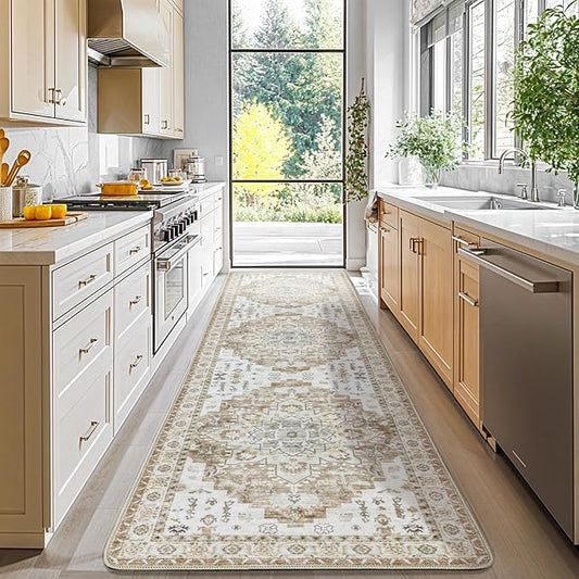 LBRO2M Boho Hallway Rug 2'X10’ Washable Runner Rugs Non Slip Low Piles Rugs Vintage, Soft, Cream Area Rug Runners for Hallways, Bedroom, Kitchen Laundry Room Pattern Print (2'X10', Butter Cream)