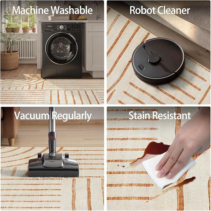 DCX Beige Machine Washable Area Rug 4x6, Midcentury Modern Non Slip Stain Resistant Rug 4x6 for Living Room, Bedroom, Dining Room, Soft Low Pile Large Carpet